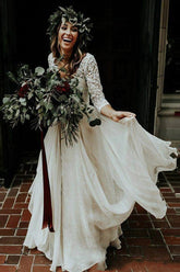 Cheap 3/4 Sleeve Lace Ivory Chiffon Rustic Two Piece Wedding Dress